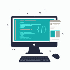 A desktop computer displaying programming code and a web development interface, illustrating software and web design.