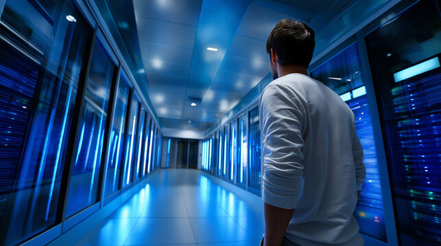 Headless shot showing worker's torso with focused bright blue server room corridor and equipment arrays, with copy space