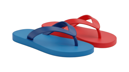 Two brightly colored rubber sandals rest against a dark background with vertical light streaks