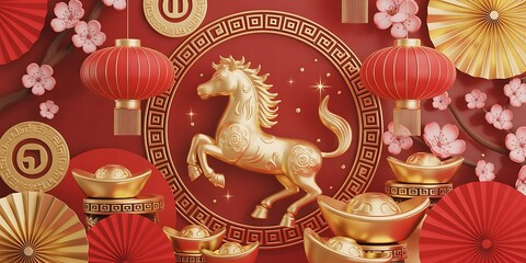Opulent 3D Render for Chinese New Year 2026 Golden Horse Zodiac Symbol, Ingots, Red Lanterns and Cherry Blossoms