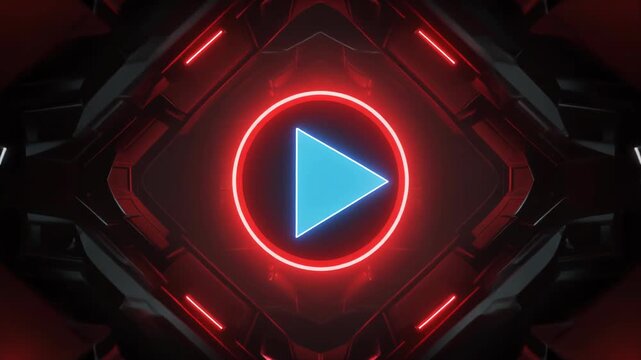Abstract geometric background with play button in a red glowing circle and angled black metallic shapes, futuristic design - Powered by Adobe
