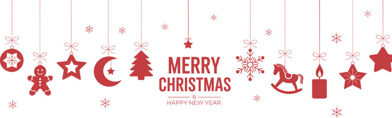 Festive Christmas hanging ornaments illustration featuring holiday icons, snowflakes, decorations, and seasonal elements in minimalist red style, perfect for winter celebration designs, 
