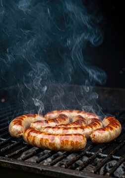 Delicious bratwurst sausages sizzling and smoking heavily on a hot outdoor charcoal grill, ready for a fun summer cookout meal ,grill ,cuisine ,backyard