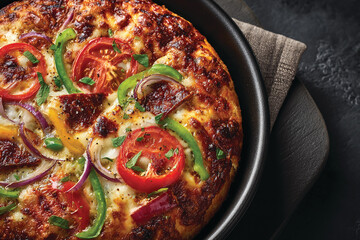 Freshly Baked Pan Pizza with Vegetables on Black Background
