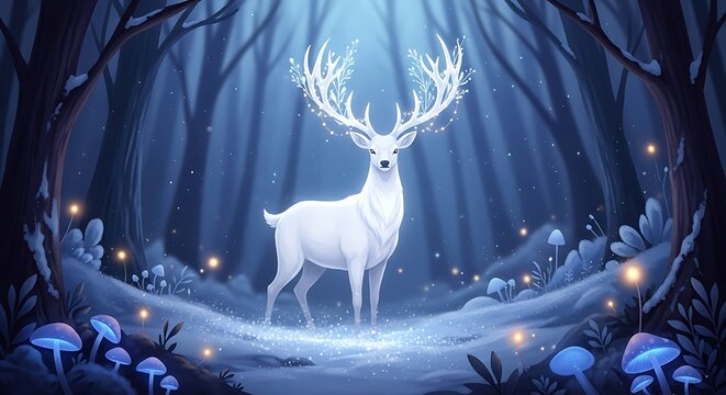 Majestic white deer stands in magical blue winter forest - Powered by Adobe