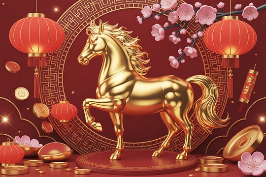 Magnificent 3D Golden Horse and Red Lanterns for Chinese New Year 2026: Auspicious Zodiac Symbol and Festive Decor. - Powered by Adobe
