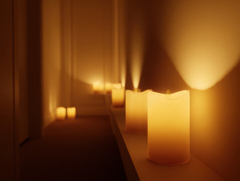 Soft candle candlelight warm glow cozy interior hallway led candle wax texture ambient lighting shallow depth night mood - Powered by Adobe