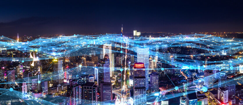 Tech-Infused City Skyline at Dusk