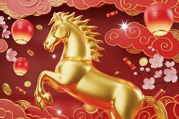 Dramatic 3D Render for Chinese New Year 2026: Galloping Golden Horse, Clouds, Firecrackers and Festive Red Lanterns.