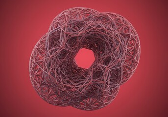 Digital rendering of a complex, interwoven geometric structure undergoing extreme stress, showing transformation and abstract mathematical distortion ,energy ,distortion ,curve