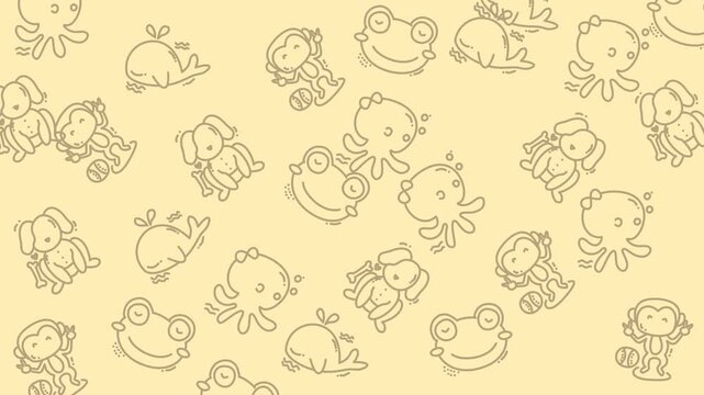 Drawings of animals like dogs, frogs, monkeys, octopuses, and whales. Cute and diverse illustrations suitable for children books or educational materials.
