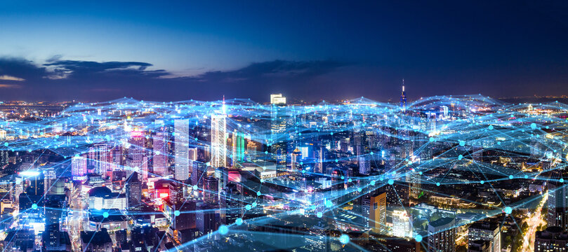 Tech-Infused City Skyline at Dusk