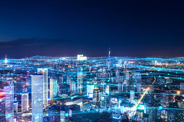 Tech-Infused City Skyline at Dusk