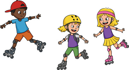 Happy kids roller skating together outdoors, wearing safety helmets and pads, playful children activity, fun sports, friendship, cartoon flat vector illustration