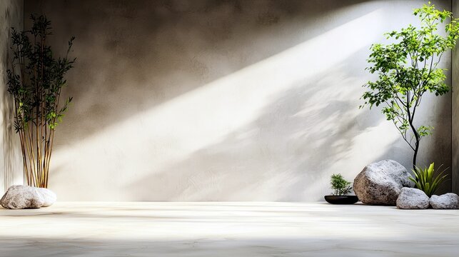 A minimalist interior scene featuring a textured concrete wall with dramatic sunlight casting shadows, a cluster of bamboo stalks in a stone, a small tree, and