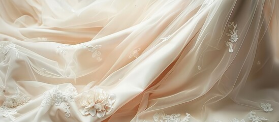 Close Up of Elegant Wedding Dress Fabric with Floral Embroidery and Delicate Tulle Overlay Studio Shot