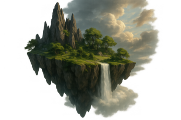Floating fantasy island with waterfall, rocks, green grass, and trees, creating a surreal dreamscape on transparent background