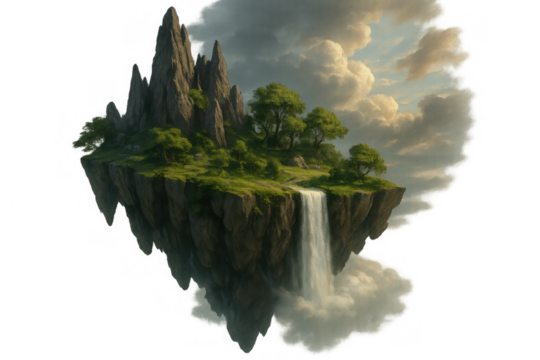 Floating fantasy island with waterfall, rocks, green grass, and trees, creating a surreal dreamscape on transparent background