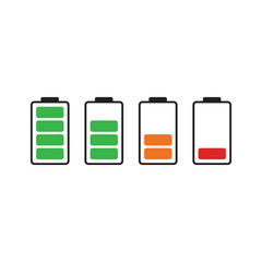 A set of four battery charge level indicator icons showing various power statuses from full green to low red on a white background