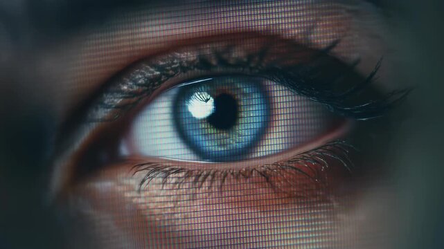 Detailed macro of a human eye displaying a computer screen reflection with visible pixel grid and natural lashes in sharp focus.