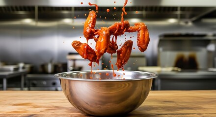 Delicious hot chicken wings dripping sauce into metal bowl