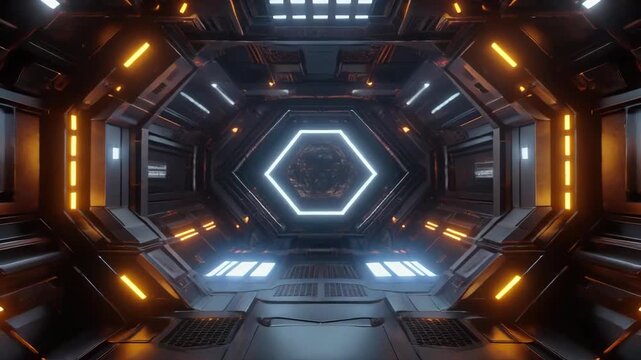 Futuristic corridor with hexagonal portal and detailed metal walls illuminated by vibrant neon lights in a spaceship interior environment.
