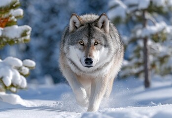 Naklejka premium an adult wolf running in the snow, with a background of trees and light.