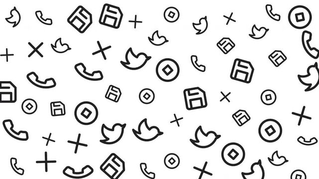 Seamless Pattern of Social Media and Technology Icons on White Background, Graphic Design, Flat Lay, Digital Concept