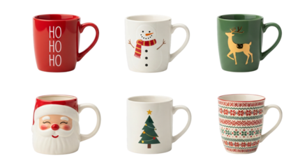 Six festive christmas mugs with diverse holiday designs santa, snowman, reindeer, christmas tree, and ho ho ho text, isolated on transparent background
