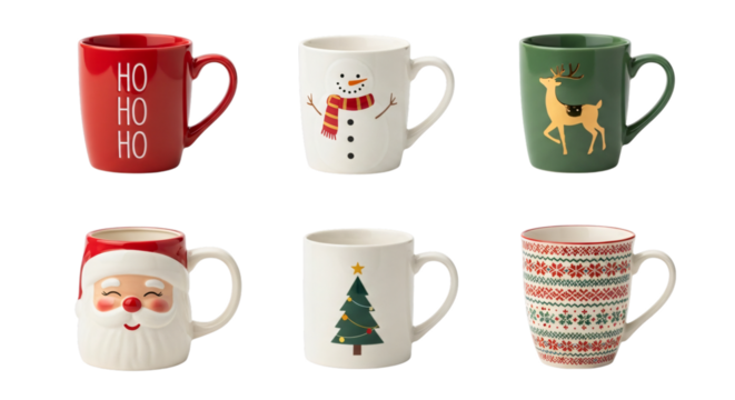 Six festive christmas mugs with diverse holiday designs santa, snowman, reindeer, christmas tree, and ho ho ho text, isolated on transparent background