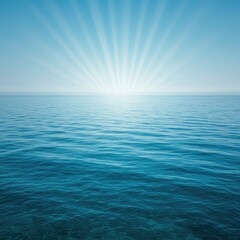 Obraz premium Ethereal oceanic vista showcasing incredibly clear deep blue water blending seamlessly with the vast horizon under subtle heavenly light rays ,reflection ,soothing ,dreamy