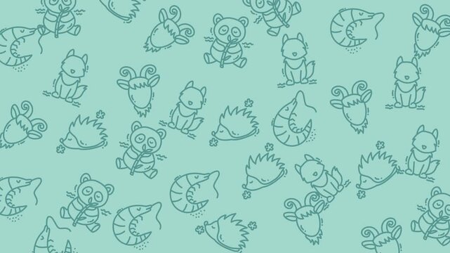 Mint green background with animal outlines like shrimp, pandas, foxes, goats, and hedgehogs. Perfect for kids designs or naturethemed projects.