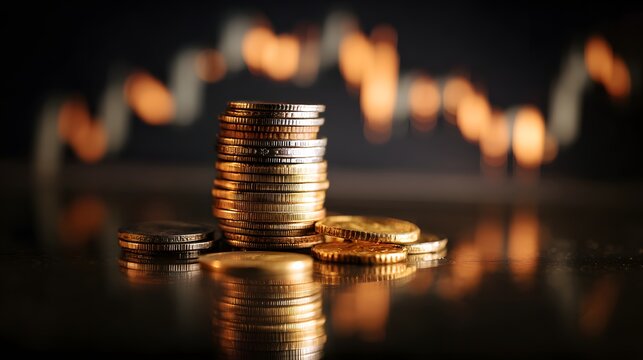 Stack of coins with blurred financial chart in background.