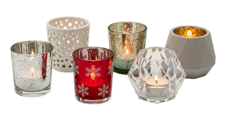 Decorative candle holders with lit tea lights, various styles including mercury glass, red, clear, and ceramic, isolated on transparent background