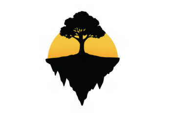 Tree silhouette standing on a floating island with sunset or sunrise, fantasy nature concept symbol