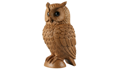 A detailed, wooden-looking owl statue with intricate carvings, set against black