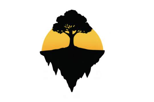 Tree silhouette standing on a floating island with sunset or sunrise, fantasy nature concept symbol