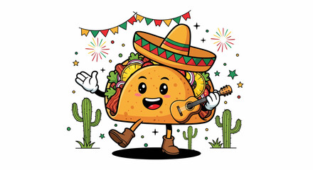 Happy Taco Character Wearing Sombrero Playing Guitar