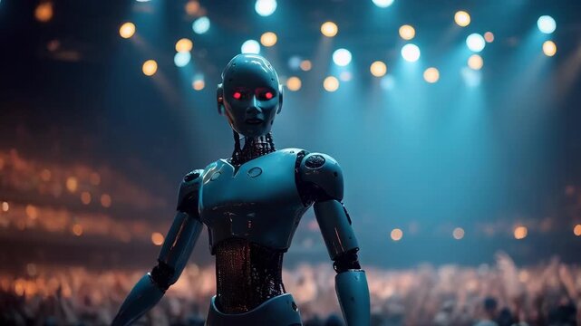 Russian robot Aidol waving hand Moscow stage presentation spotlights crowd blurred
