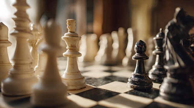 Strategic chess game in progress with wooden pieces on a checkered board.