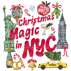 Christmas in NYC Watercolor Illustration &ndash; New York Holiday Landmarks, Festive Winter City Design