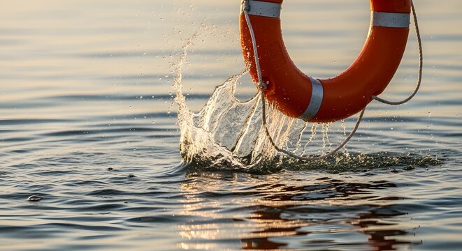 Orange lifebuoy splashing in the water with ripples and sunlight reflecting on the surface water - Powered by Adobe