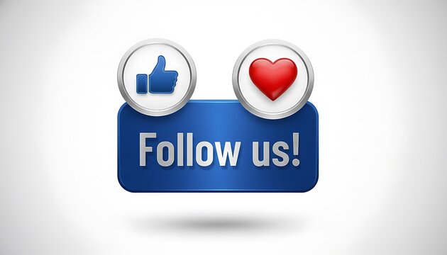 Follow us button with social media like and heart icons on a white background