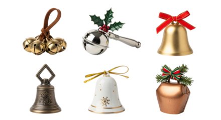 A diverse collection of festive christmas and jingle bells, featuring gold, silver, bronze, and ceramic designs, ideal for holiday decoration, isolated on transparent background