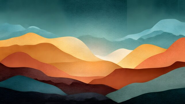 Stylized abstract mountain range landscape with a glowing sunrise.