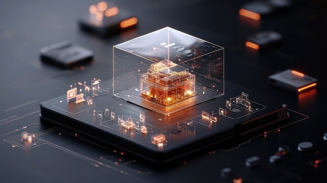 A detailed, glowing, abstract digital structure encased in a transparent cube, resting on a dark, futuristic circuit board. The scene is illuminated with warm o