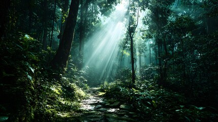 Fototapeta premium Sunbeams shining through a dark and mysterious forest path.