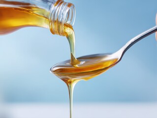 Golden syrup pouring from bottle onto spoon
