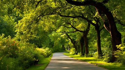 Sun-dappled path winding through a lush green forest with towering trees and vibrant foliage.