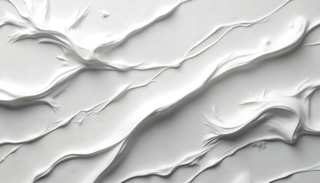 Abstract white oil paint strokes create wavy textured pattern. Thick artistic cream gel smears form modern artwork background. Smooth material surface clean minimalist design. Elegant texture